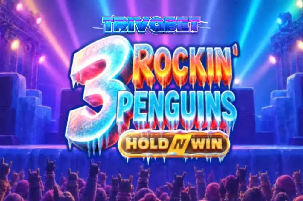 Tampilan visual slot 3 Rockin’ Penguins dengan tema konser penguin punk